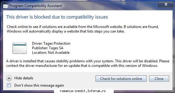 tages protection cand pornesc primesc urmatorul mesaj:this driver blocked due the tages tages not