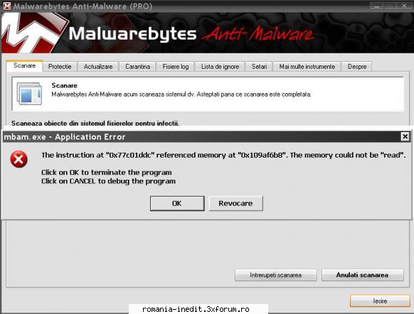 problema dupa incep scanez dupa cca. min. apare urmatoarea eroare scanarea progranul l-am reinstalat