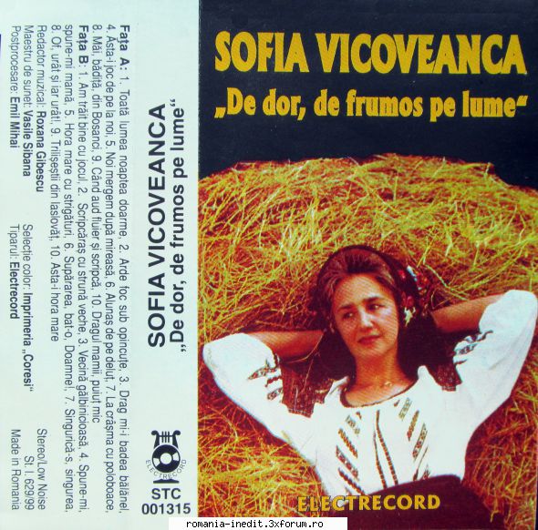 Casete Electrecord - STC1315 - Sofia Vicoveanca - De dor, de - Albume MP3 romanesti - Romanian MP3 albums