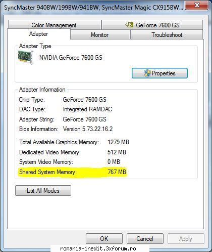W7 video shared memory - Placa video NVIDIA GeForce 7600 gs Placa de baza - Tech Support